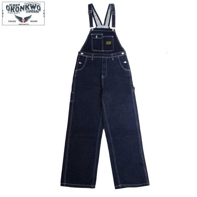 American Vintage Casual Indigo Raw Denim Overalls Mens Retro Striped Jeans Jumpsuit Long Denim Bib Pants OKONKWO X250812