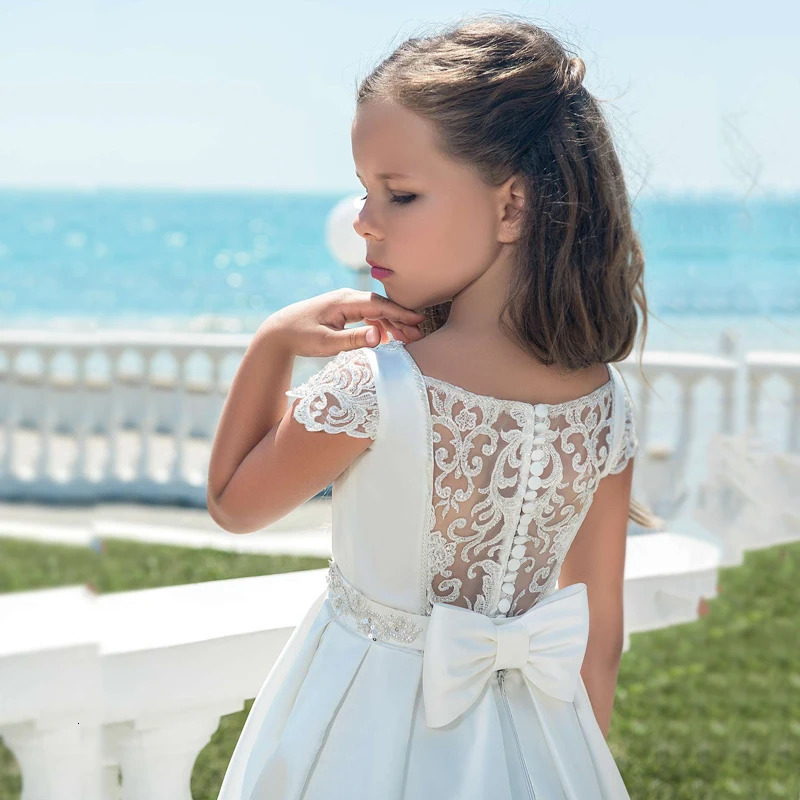 White Satin A-Line Floor-Length Short Sleeve Girls Pageant Dresses First Communion Dresses For Girls Flower Girl Dresses 250811