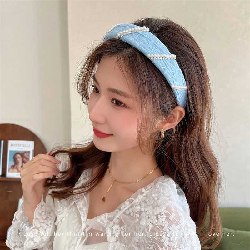 2022 New Gauze Pearl Flower Blue Face Wash Band Retro Womens Fashion Hair Hoop Band Wash Face Hair Accessories X250812