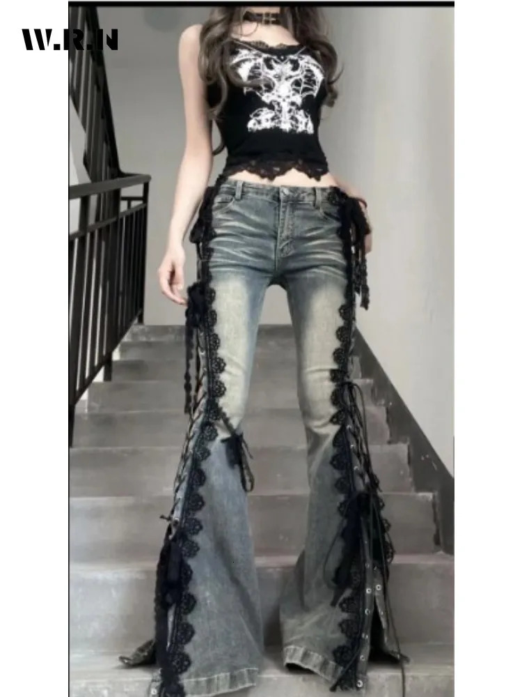 Retro Eyelets Lace Up Flare Jeans Stitch Lace Whiskers Slim Low Rise Split Bootcut Pants Women Bell Bottoms Streetwear 250811