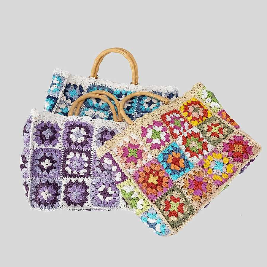 Bohemian Granny Square Straw Tote Bag Bamboo Handle Weave Women Handbags Casual Handmade Summer Beach Bags Large Capacity Purses Z250812