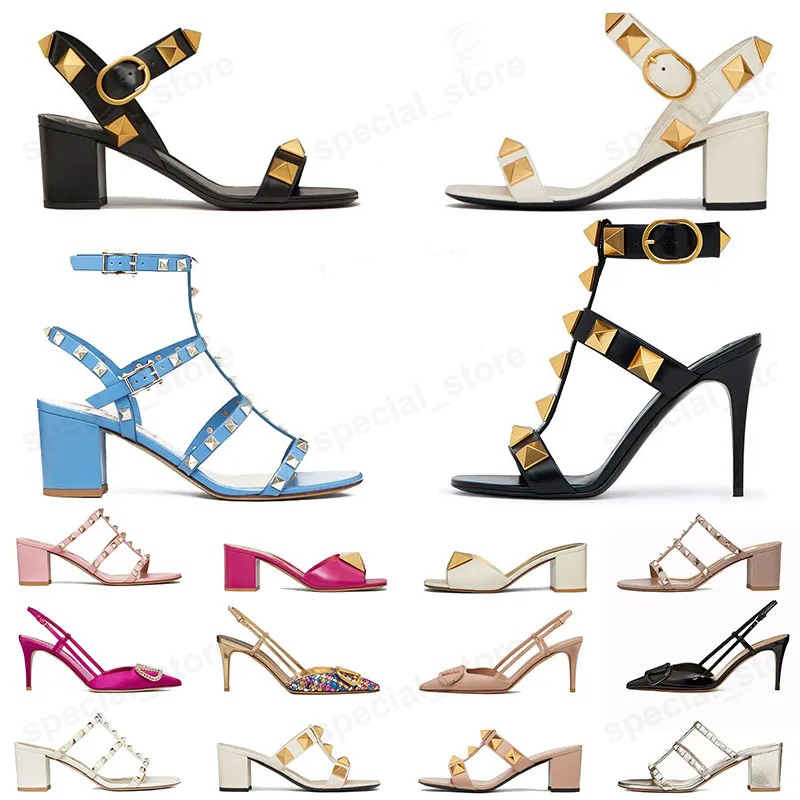 Designer High Heel VT Sandal Dress Shoes Luxury Sandals Roman Studs Black Nude Strip Point Toe Rivets Womens Party Wedding Stiletto Block Heel