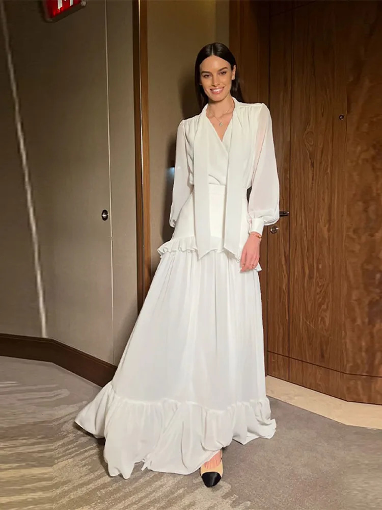 Women Chiffon V-Neck Wrap Top Set Tie Lantern Sleeve Blouse Ruffled Tiered Maxi Skirt Fashion Elegant Suit Chic Lady Outfit 250811