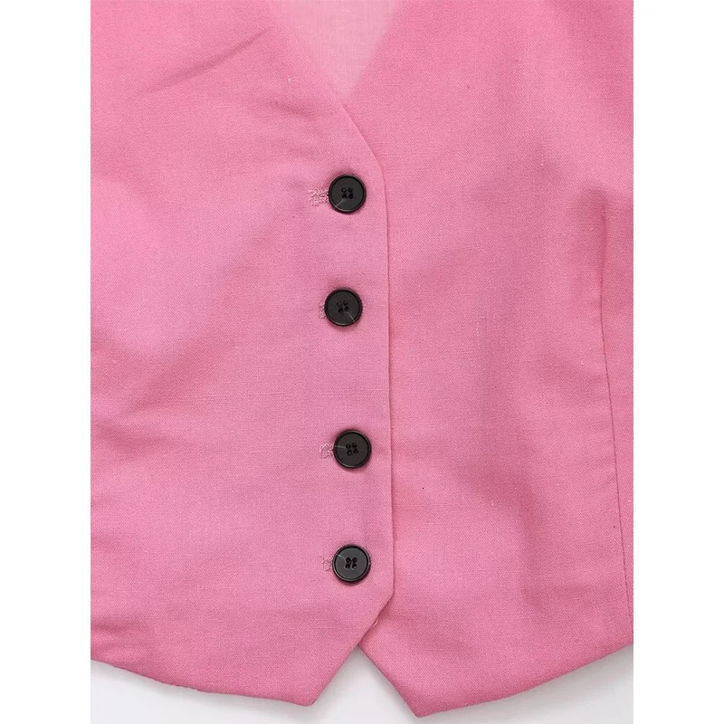 YENKYE Women Pink Side Slit Vest Sleeveless V Neck Single Breasted Female Summer Crop Top High Street 250805