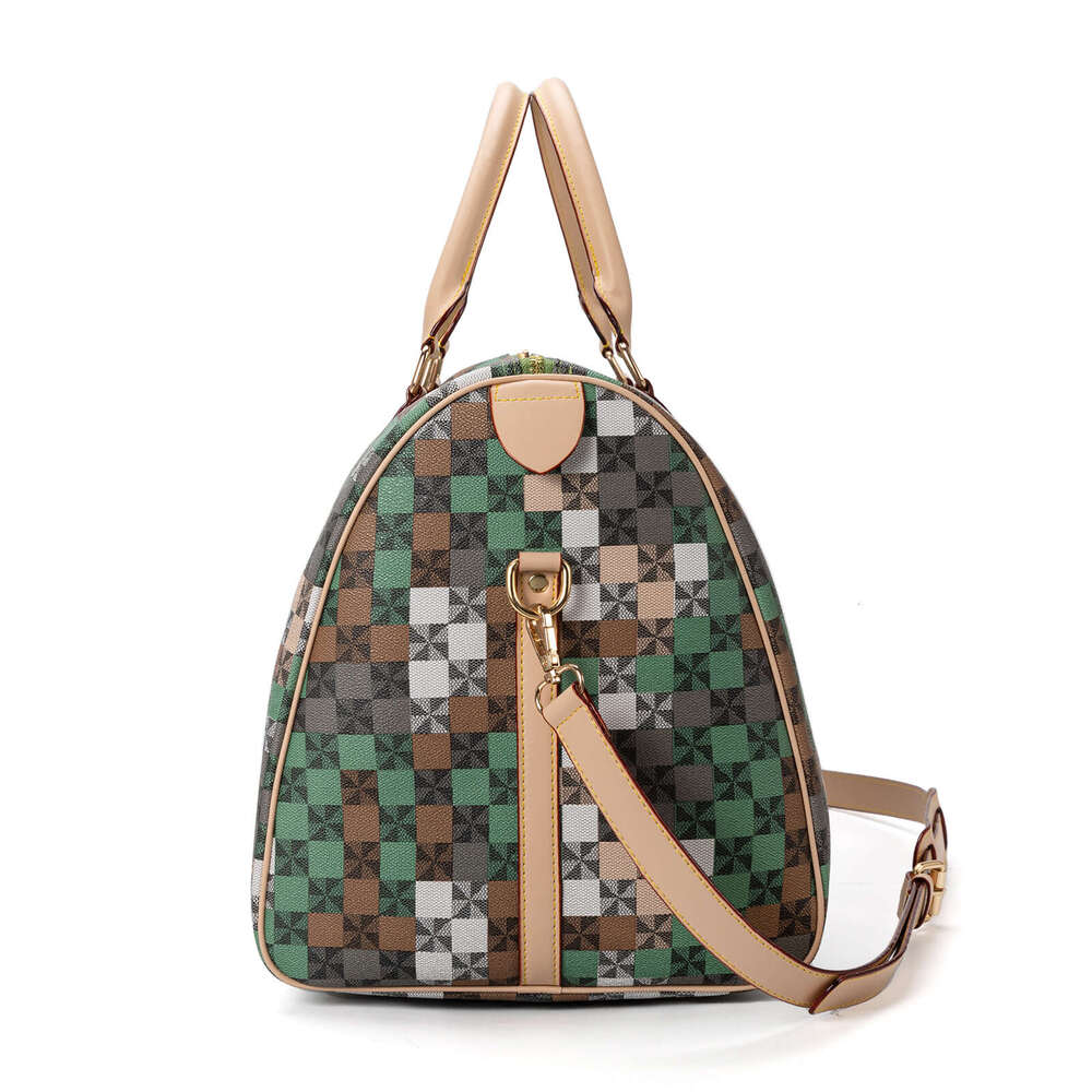 Lacel Urwebin Vintage Checkered Plaid Duffle Bag for Women, Green Brown PU Leather, Large Capacity Weekend Travel Bag with Adjustable Shoulder Strap