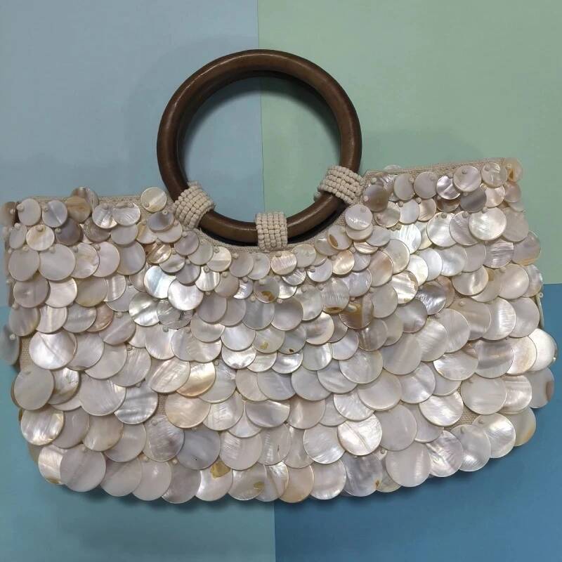 Sequin Internal Zipper Chain Crossbody Shoulder Bag,Shell Wooden Circular Handle Handbag,Women Beach Travel Tote Bag