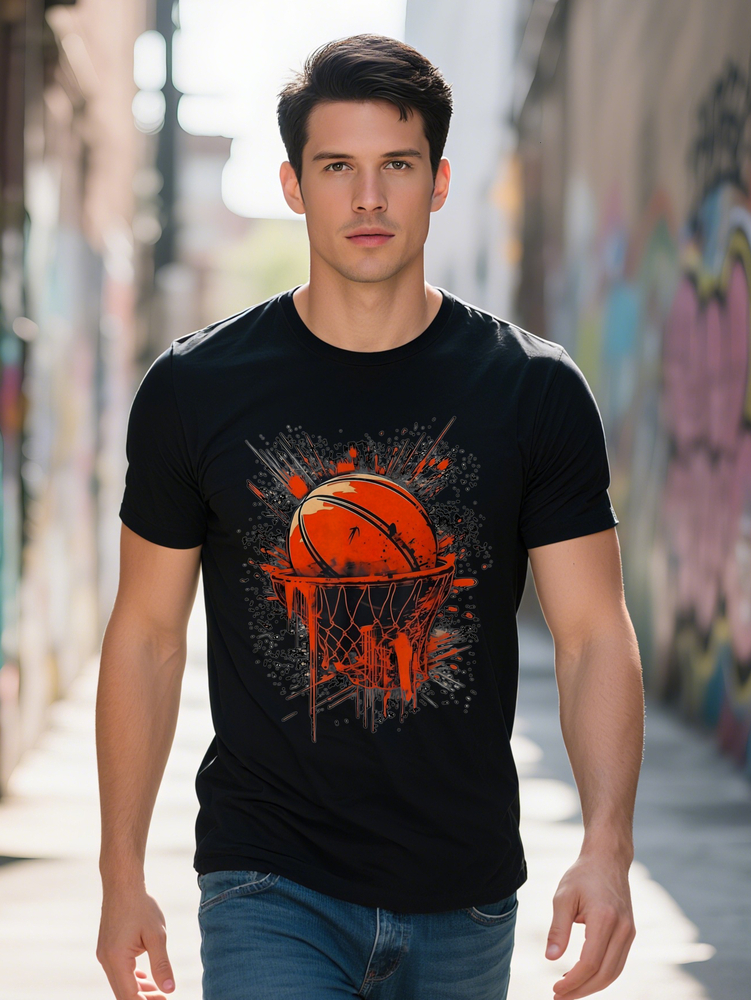 Men s Casual Crew Neck T-Shirt with Vibrant Basketball Print Black Orange White Design Lightweight Perfect
