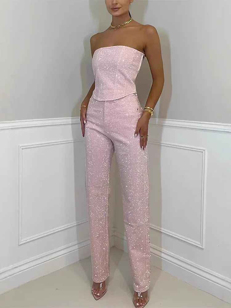 Diamond Vest Jeans Set For Women Sleveless Tube Tops High Waist Pocket Denim Pants Suit Female Spring Summer Lady Bodysuit 250806