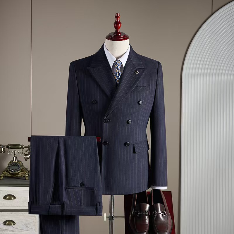 T1422 Men's Striped Three-Piece Suit High Quality Double-Breasted