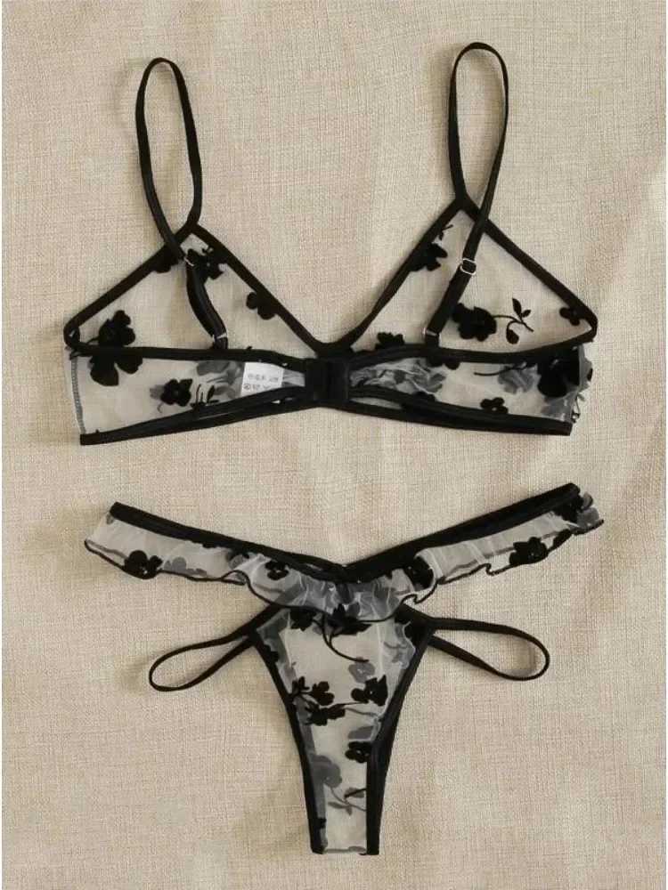 2024 Summer Women Lace Bra Set See-Through Sexy Lingerie Thin Strap Underwear Suit Floral Print Stylish Bralettes XJ250812