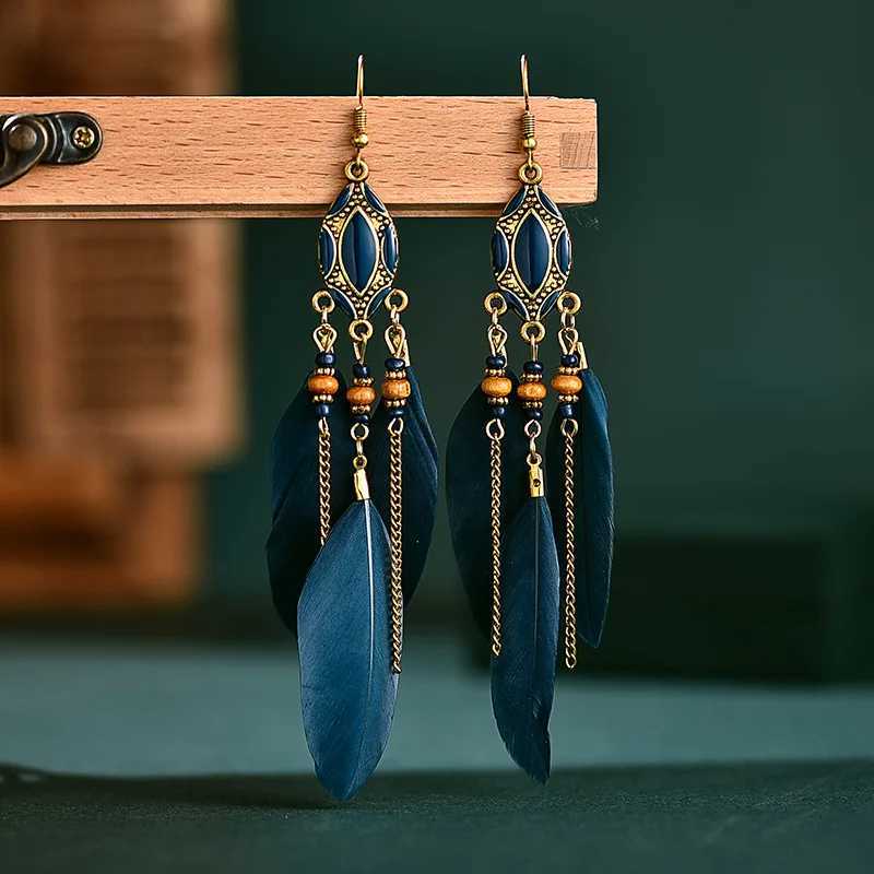Bohemian Ethnic Feather Earrings For Women Long Tassel Beads Handmade Drop Dangle Earrings Girl Fashion Wedding Jewelry Gift Y250812