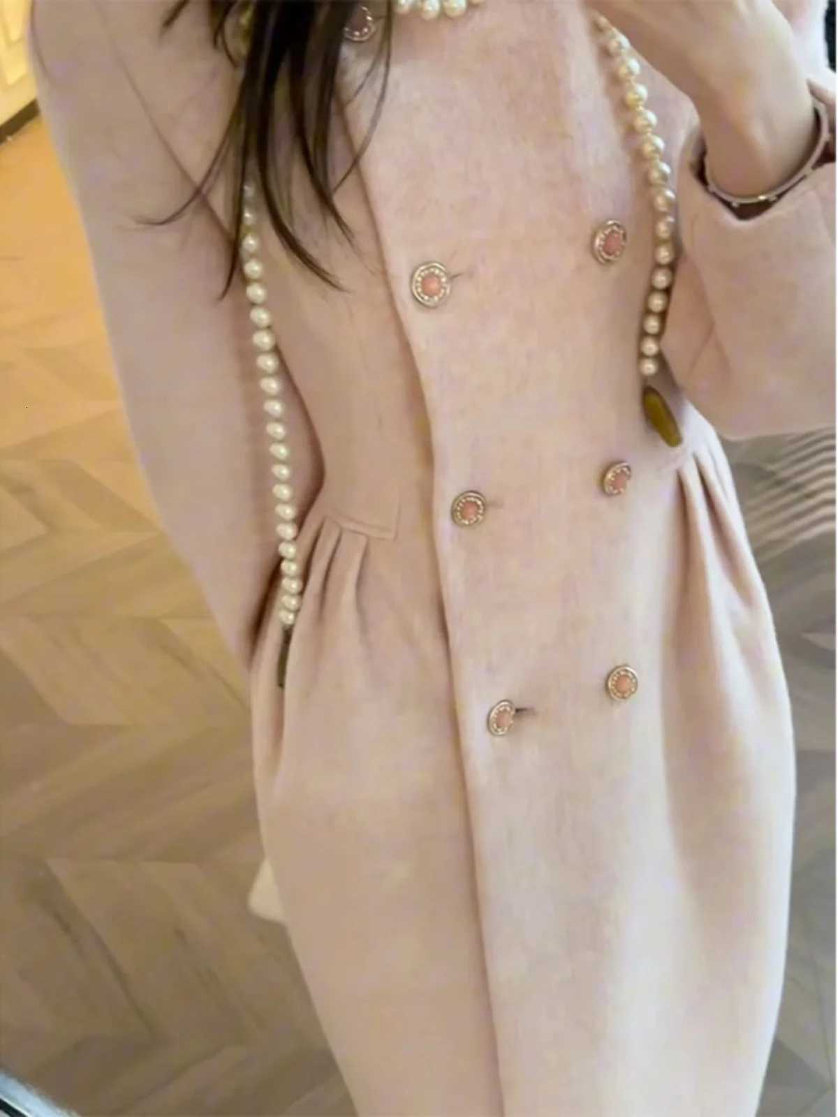 French Style Women High Waisted Slim Lace Patchwork Wool Long Coat Sweet Ladies Wool Coats Z250813