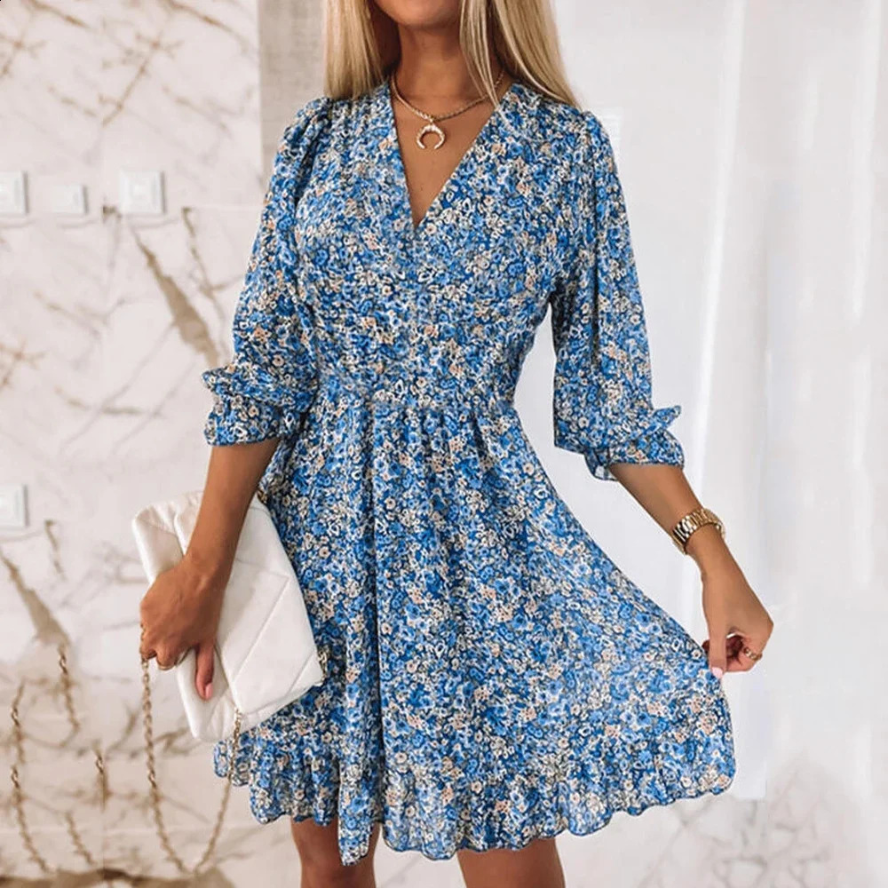 Floral Print Dress Women V Neck Short Sleeve A Line Elegant Dress Lady Pullover Summer Short Bohemian Party Dresses 250806