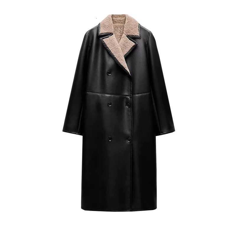 RARF Womens 2025 Winter New Womens Faux Leather Double-Breasted Long-Sleeved Lapel Contrasting Color Fleece Double-Sided Coat Z250813