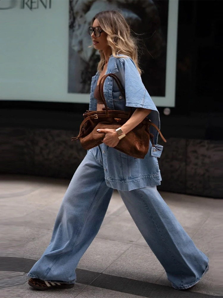 Womens Oversized Denim Two Piece Set Trendy Loose Fit Jacket Matching High Waist Wide Leg Baggy Jeans Chic Streetwear Outfits 250806