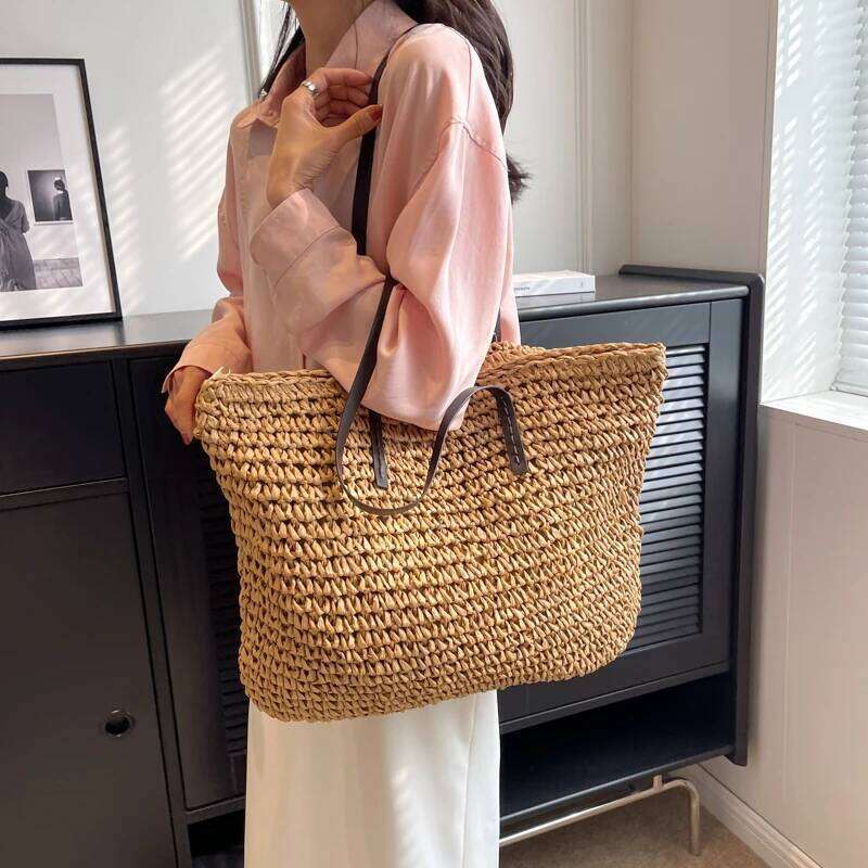 MOODS Design Straw Woven Tote Bags For Women Large Capacity Shoulder Beach Bag Pure Color Summer New Big Shopping Handbag