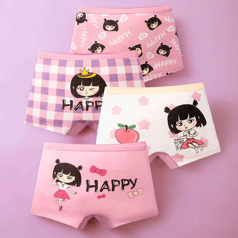 4Pcslot Kids Panties Chirdrens Underwear Lovely Girls Cartoon Print Briefs Floral Grid Cute Pants Baby Cotton Underpants 214Y 250812