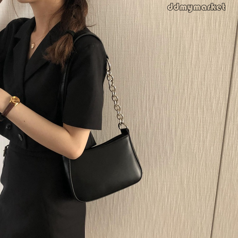 2025 New Ins Hot Black Patchwork Underarm Baguette Bag Street PU Shoulder Handbag for Women Trendy ddmymarket