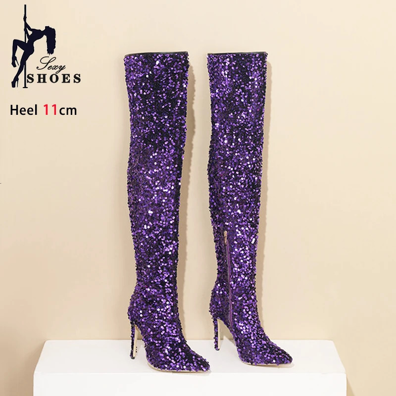 Shoes For Women Shiny Sequin Boots Over-the-Knee Boots Spring Autumn Zip Pointed Toe Zipper Stripper Heels Long Boots 250812