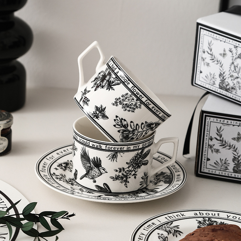 Black and White PatternCeramic Dishes and Plates Sets Korean Simple Retro Afternoon Tea Cup with Tray Special Tableware R250813