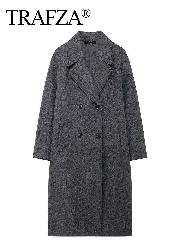 2024 TRAFZA Autumn New Women Loose Coat Lapel Double Breasted Long Sleeve Jacket Winter Warm Thick Vintage Solid Trench Outerwear Z250813