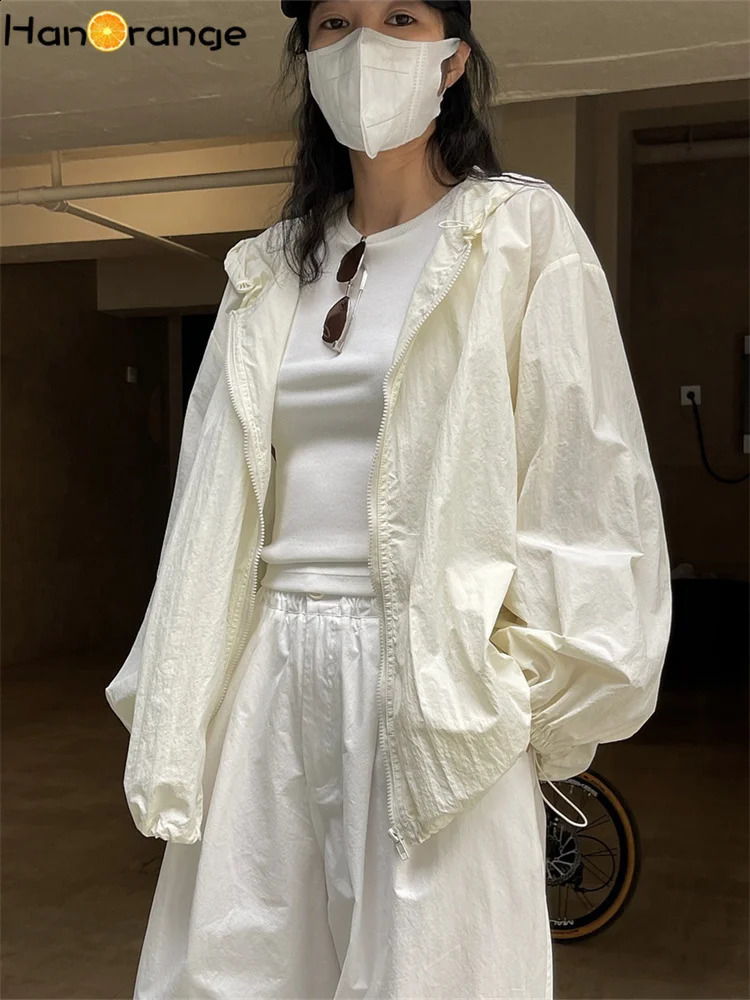 HanOrange 2024 Summer Light Transparent Hooded Zipper Sunscreen Jacket Women Loose Silhouette Thin Long Sleeve Female 250808
