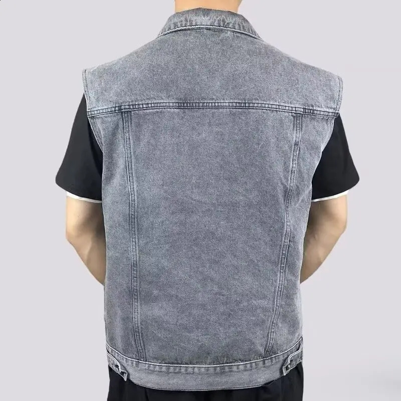 High end retro denim vest mens sleeveless lapel multi pocket workwear 250805
