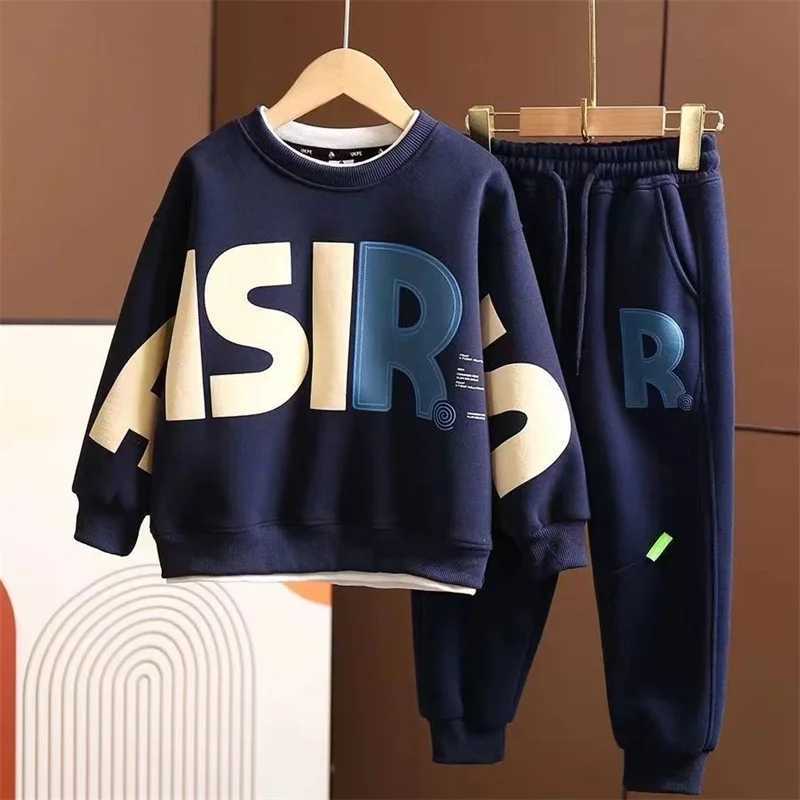 Boys Autumn Sets Childrens Clothes Suit Winter Thickened Warm Outfits New Kids Letter Sweatshirt Pants 2 Piece Teen wear H251021