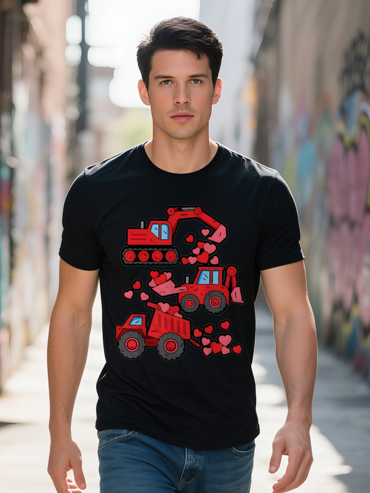 Crew Neck T-Shirt with Fun Bulldozer and Hearts Print Black Knit Top Summer Gift for Men Men's Casual Apparel Bold