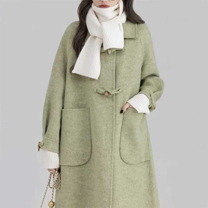 Double Cashmere Coat Womens Extended Horn Button Woolen Coat Z250813