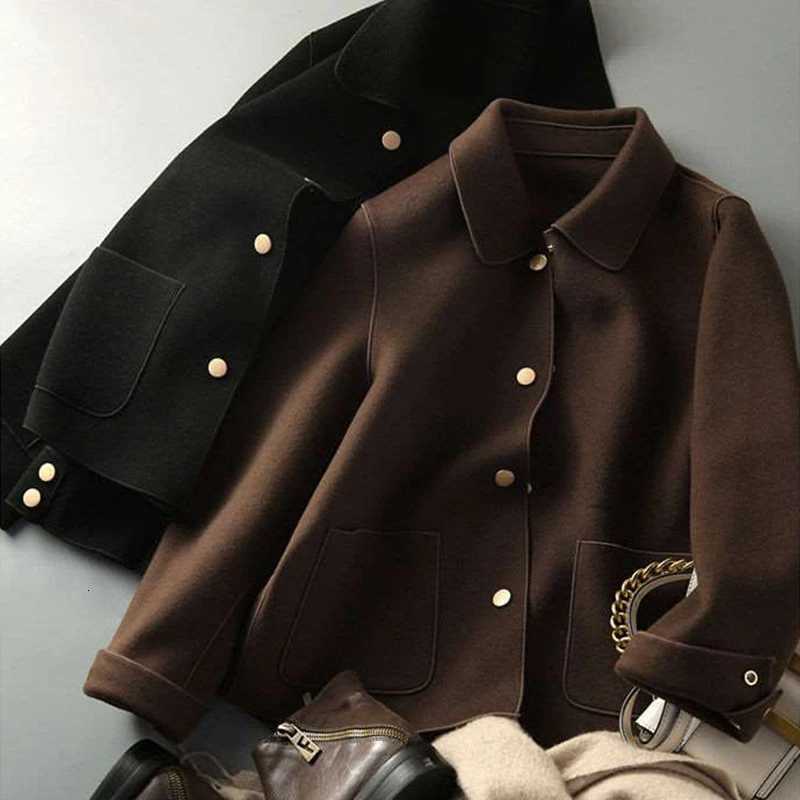 Autumn 2025 New Womens Double-sided Woolen Short Coat Women Woolen Coats Spring Jackets Lapel Pocket Solid Casual Female Tops Z250813
