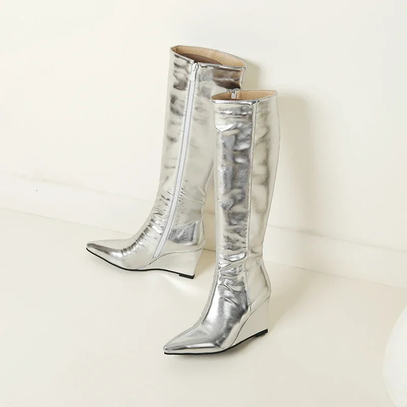 Metallic Golden Silver Pointed Toe Wedges High Heels Women Winter Fall Shoes Zipper Up Knee-high Stretch Sexy Shiny Boots 250812