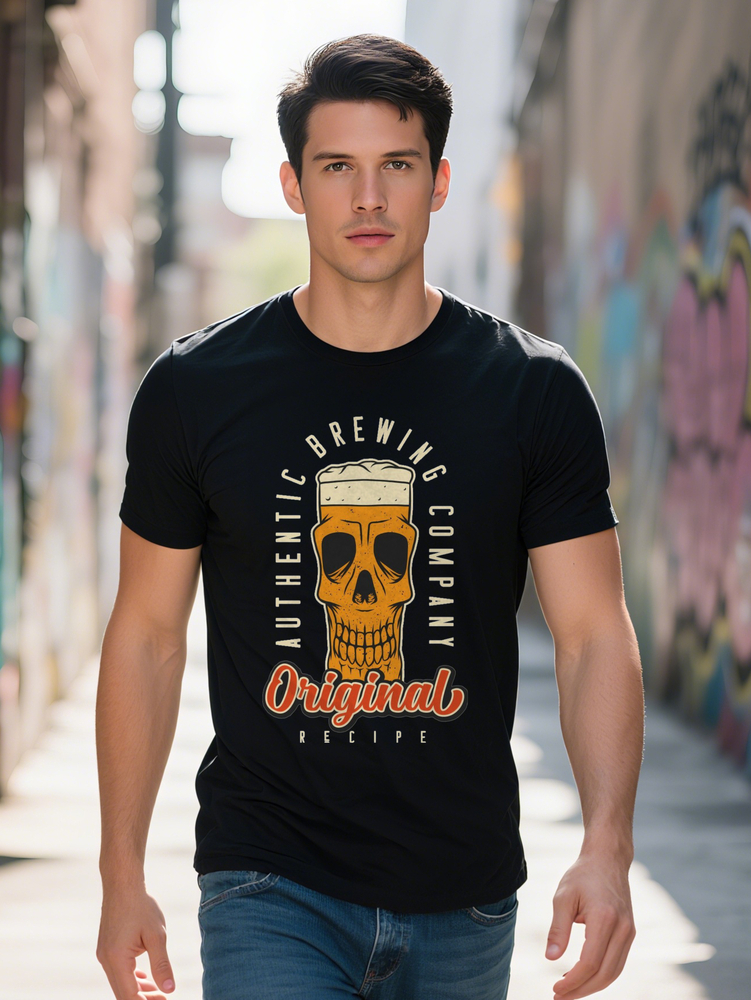 crew neck T-shirt with Authentic Brewing Company Skull Print, black. Ideal gift for men, summer casual wear, stylish 0f26c