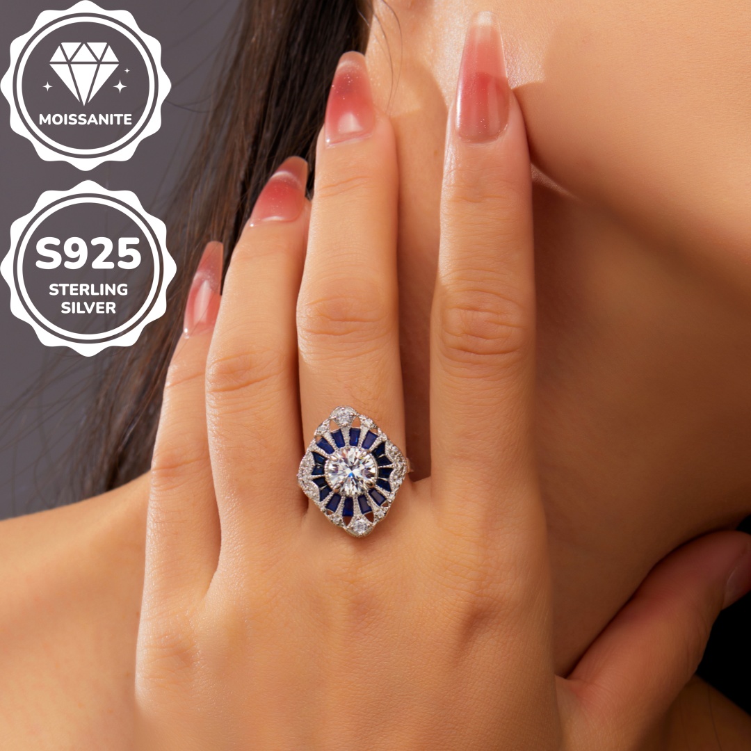 MT MT 2CT Moissanite Anniversary Ring 925 Sterling Silver Blue Sapphire 5A Cz Transparent Blue Spinel Gem Engagement Ring, Men's Women's Cou