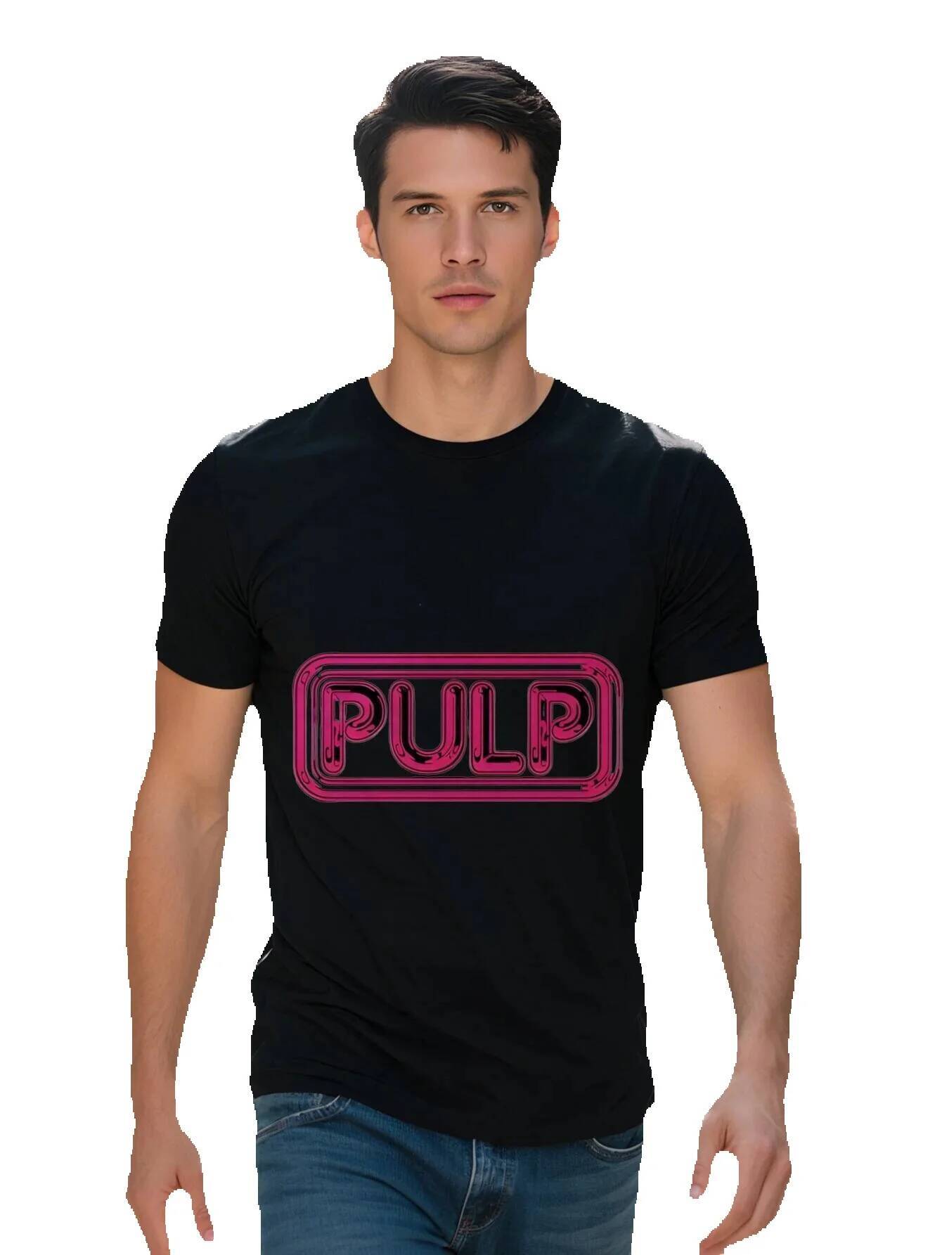 Men s Graphic T Shirt with Bold PULP Print Black Pink Lettering Round Neck Summer Tee, Washable Regular Fit ae95a