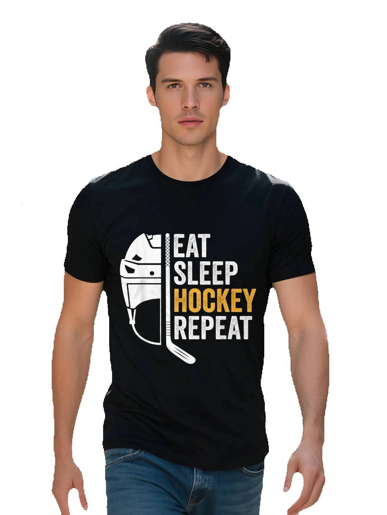 Men s Eat Sleep Repeat Vintage T Shirt Cotton Short Sleeve Crew Neck Ice Hockey Graphic Casual Wear 52d4a