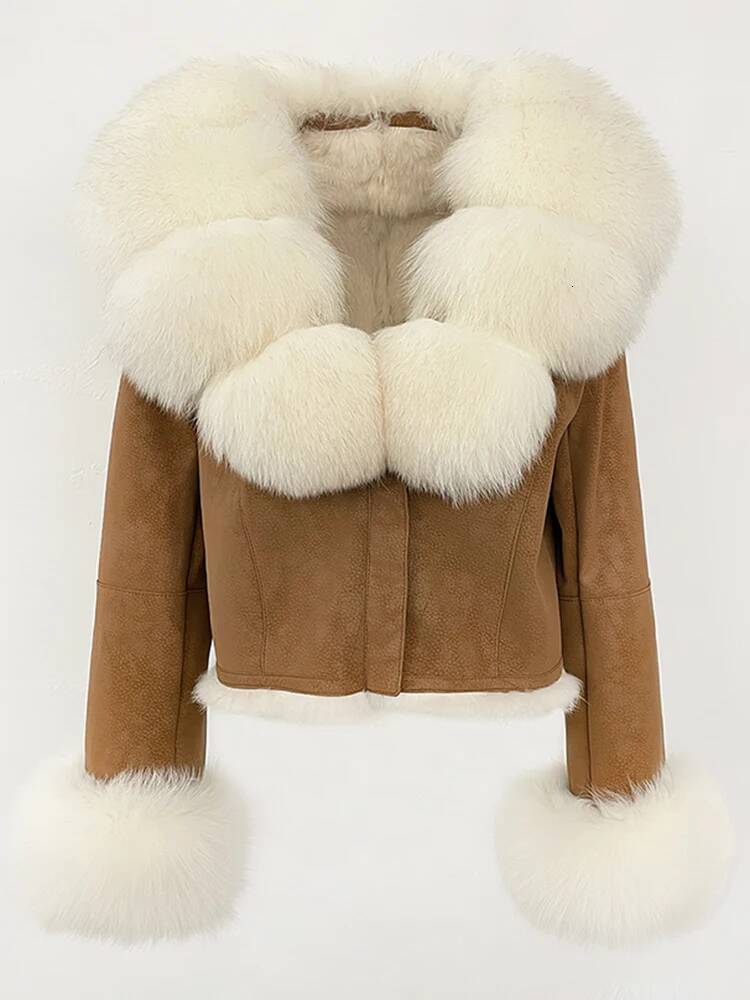 OFTBUY Fashion Short New Autumn Winter Clothing Real Rabbit Liner Suede Jacket Women Natural Fox Fur Collar Coat Female