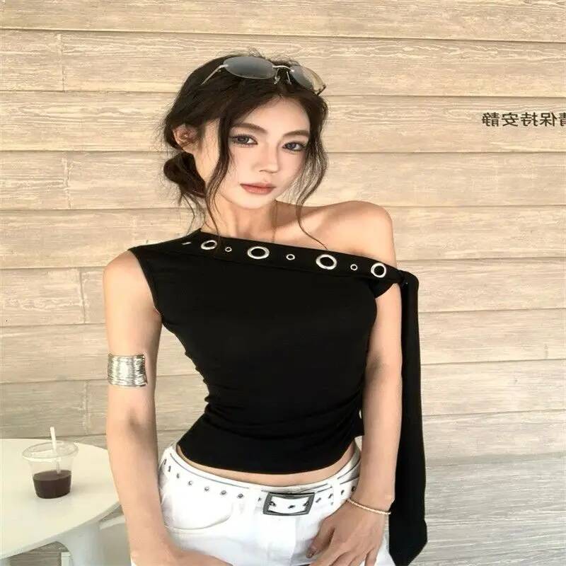 2025 Fashion High Street Off Shoulder Irregular Short sleeved T-shirt Harajuku Style Y K Spicy Girl trend Short sleeved T-shirt Aesthetic Designer Top