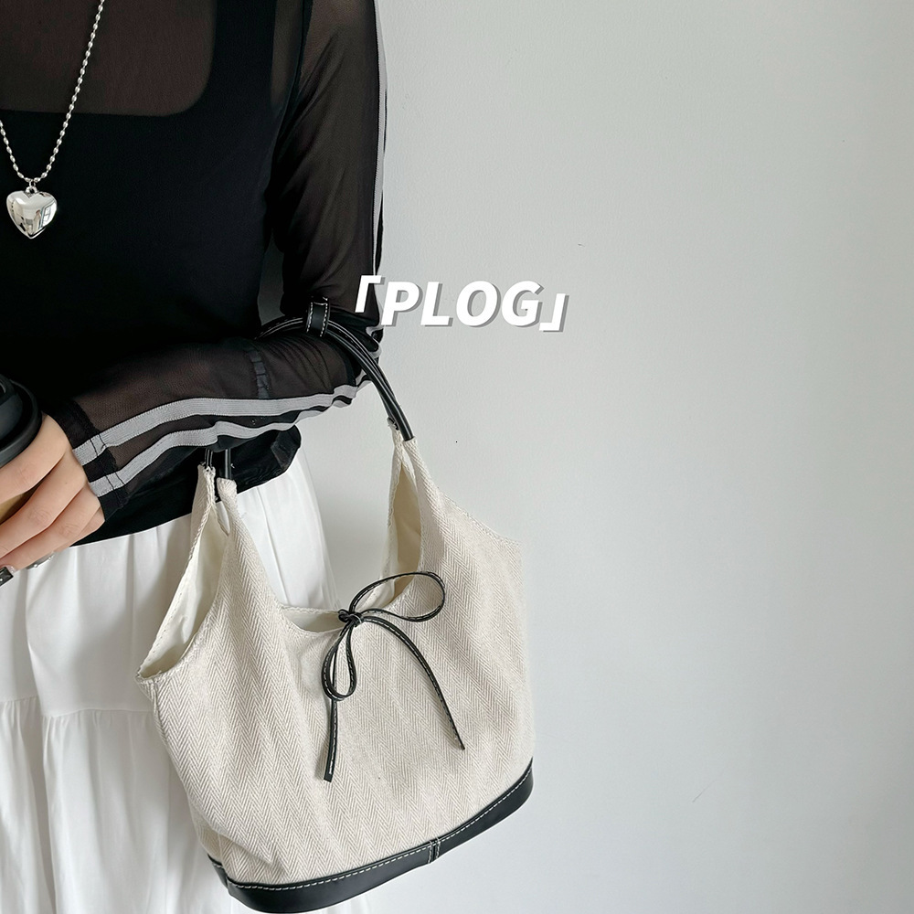 Korean Style Bowknot Niche Herringbone Canvas Patchwork Single Shoulder Underarm Tote Fashion Commuter Handbag Crossbody Bag ddmymarket
