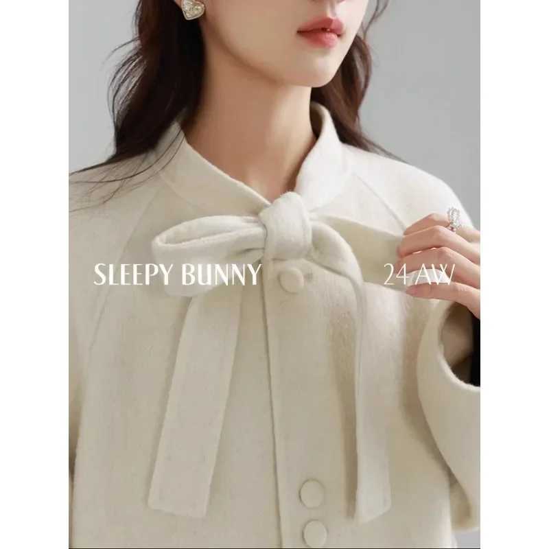 Vintage Bow Knot Double-Faced Wool Coat Women Casual Elegant Long Sleeve Overcoat Cozy and Warm Outerwear for Autumn and Winter Z250813