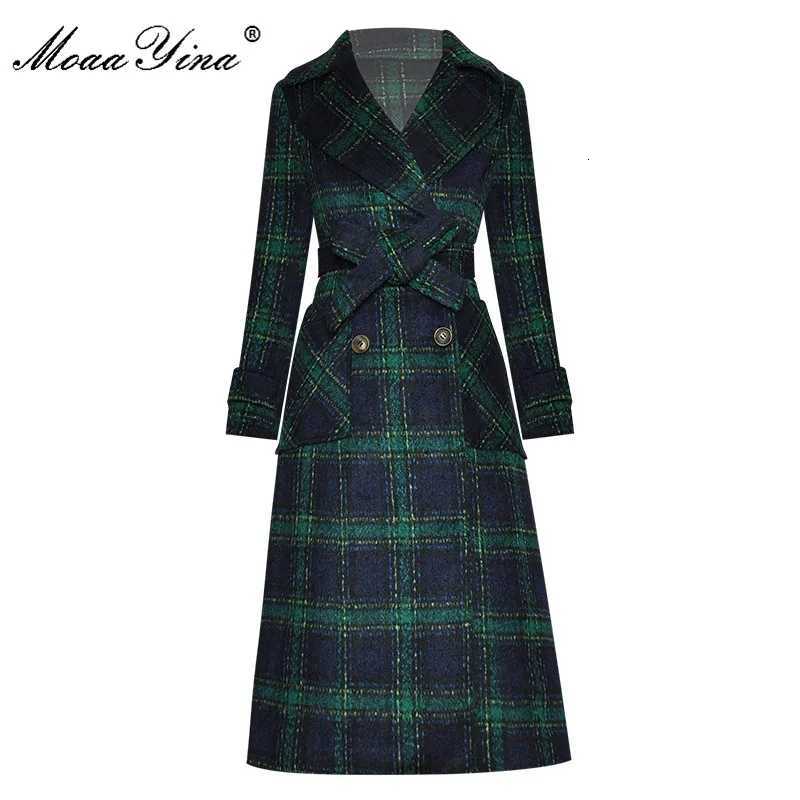 MoaaYina Fashion Designer Woolen Cloth Overcoat Winter Women Long Sleeve Double Breasted Lace-Up Keep Warm Plaid Overcoat Z250813