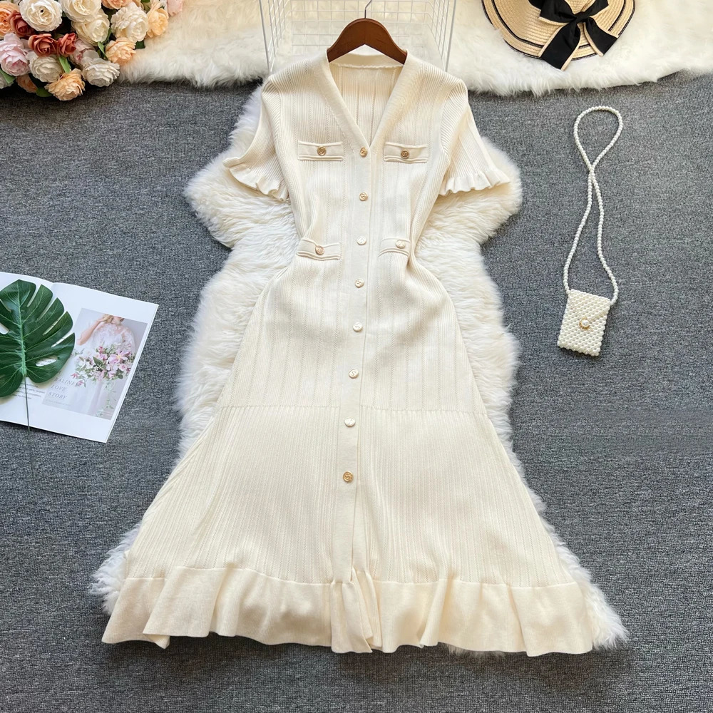 YuooMuoo Fashion Women Summer Knitted Long Dress Elegant French Style Single-breasted Sweater Dress Lady Office Vestiddos 250806