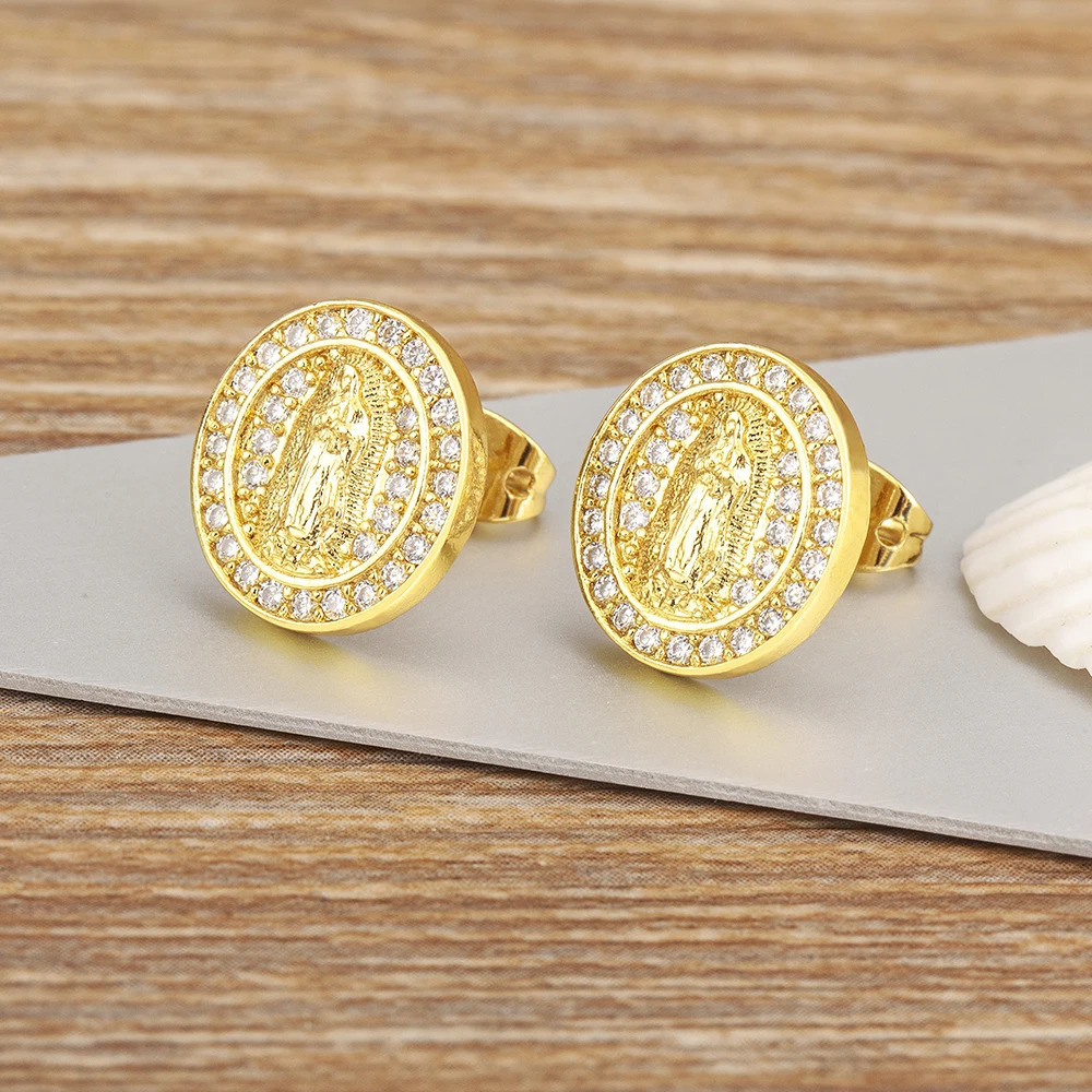 Nidin Arrival Retro Round Shape Sparkling Zircon Charm Earrings For Women Virgin Mary Believer Ear Jewelry Daily Party Gifts 250812