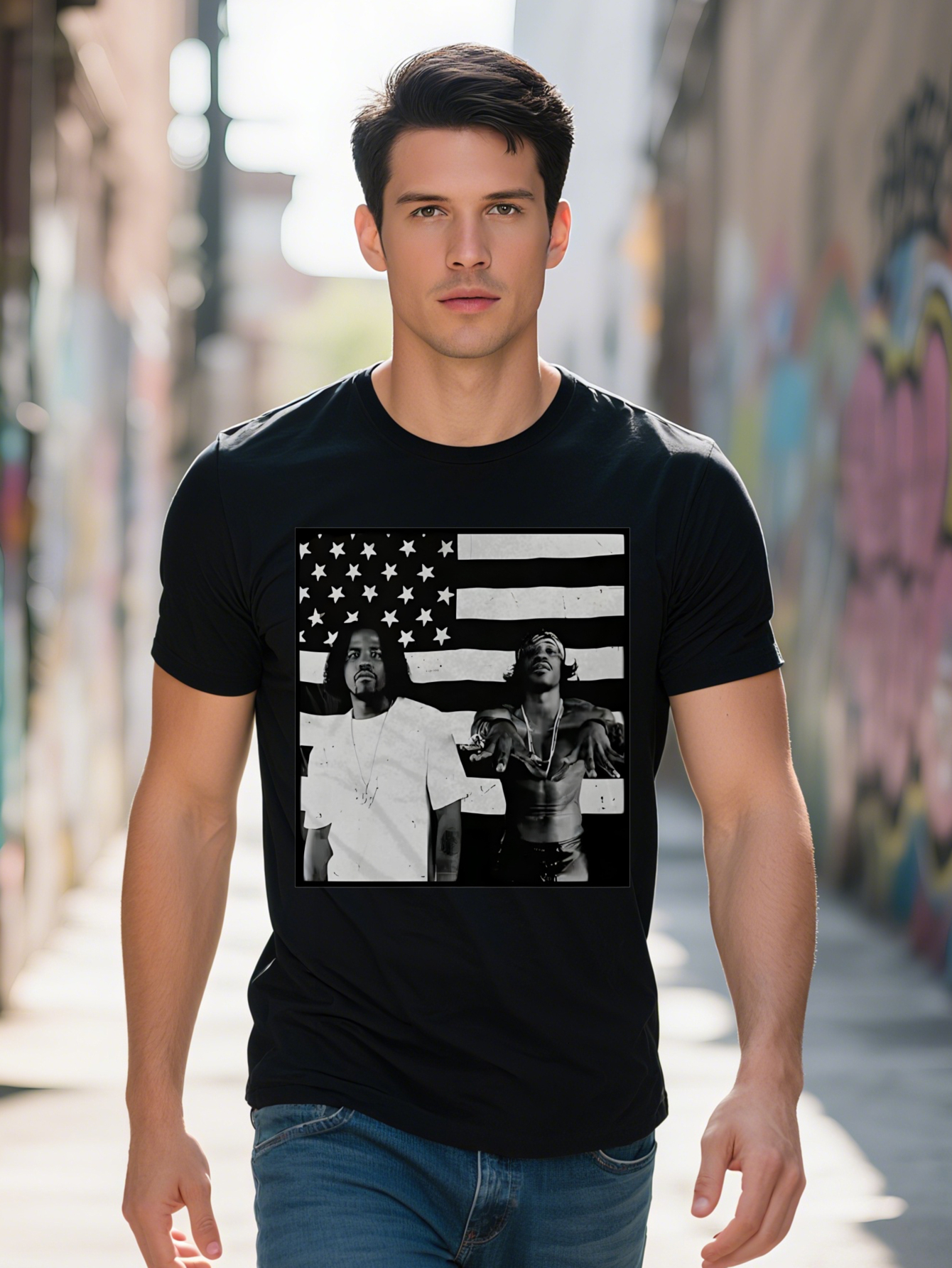 S Casual T Shirt American Flag Print with Two Men Black Short Sleeve Crew Neck Tee Summer Top Perfect Gift for 5b475