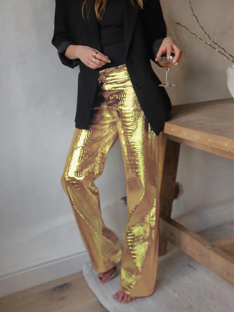 Gold Sliver Leather Pants Women Casual High Waist Straight Wide Leg Ankle Length Trousers Scale Leather Party Club Wears 250812