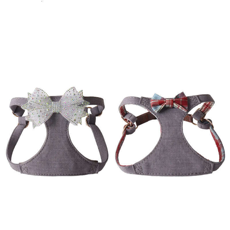 Jinjite New Gray Soft Denim Series Chest Harness Set Rhinestone Bowknot Vest Leash