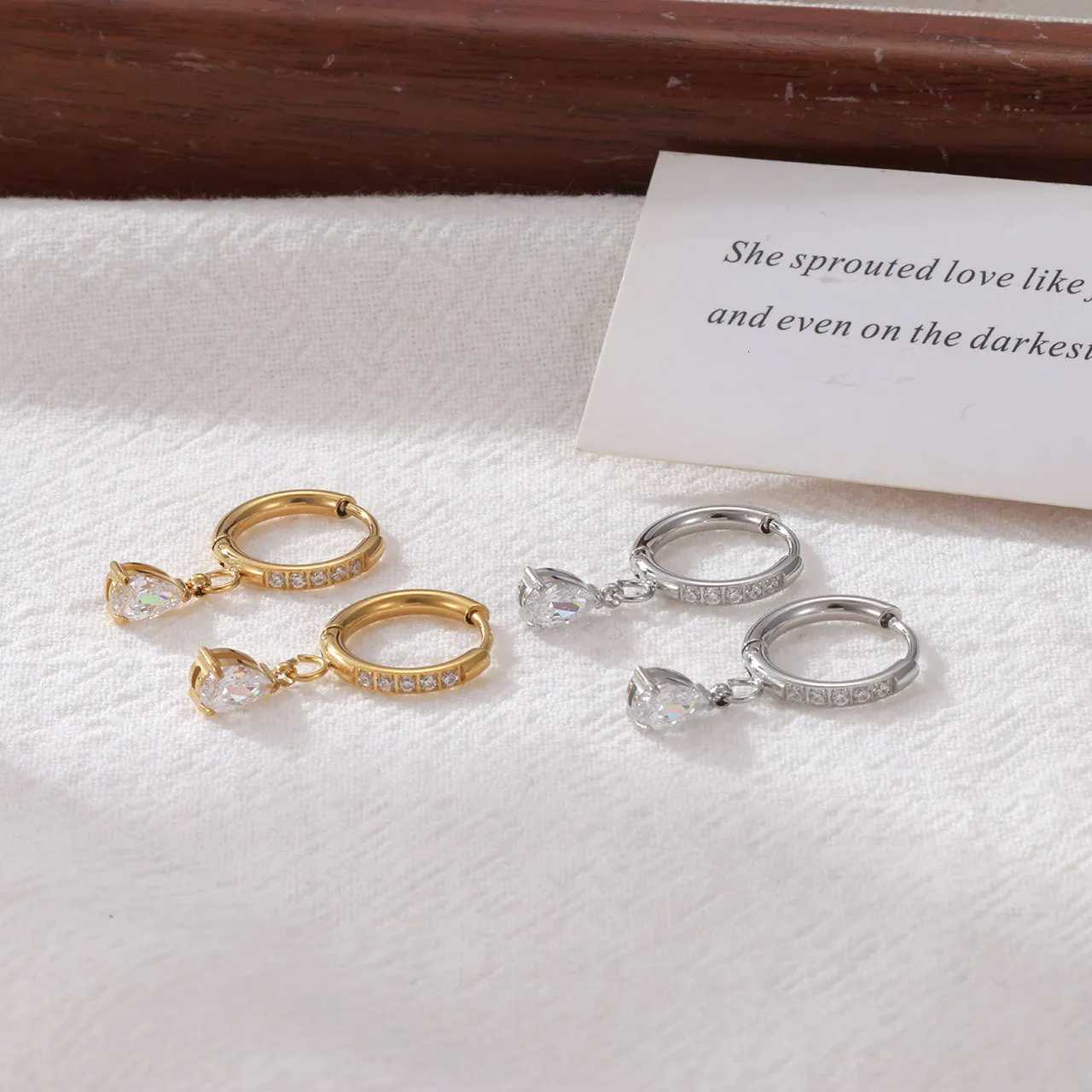 Delicate Shiny Inlaid Zircon Water Droplets Stud Earrings 18K Golden Plated Stainless Steel High Quality Waterproof Jewelry Y250812