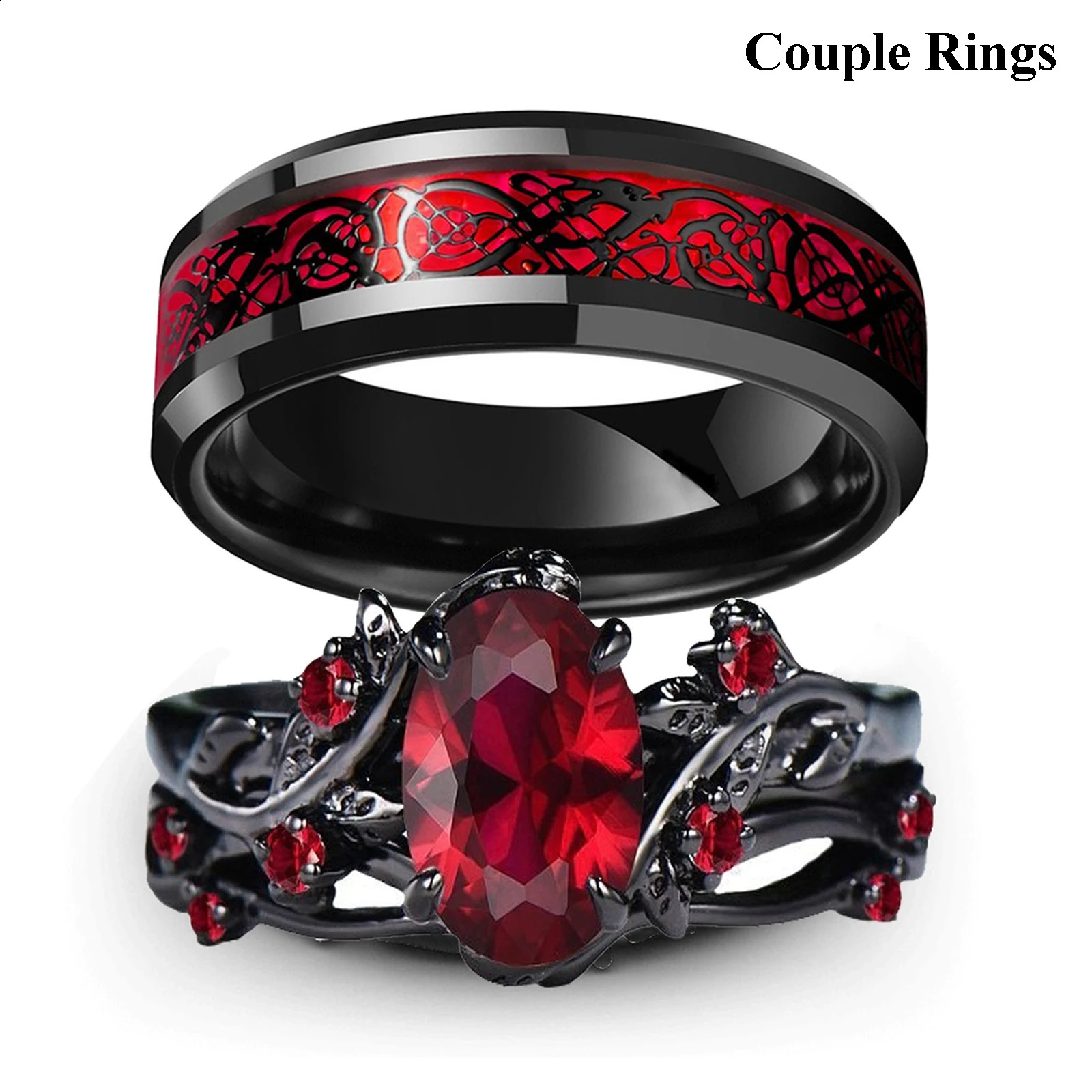 Charm Couple Rings Romantic Women Red Rhinestones Rings Set Trendy Men Stainless Steel Celtic Dragon Rings Wedding Band Jewelry 250811
