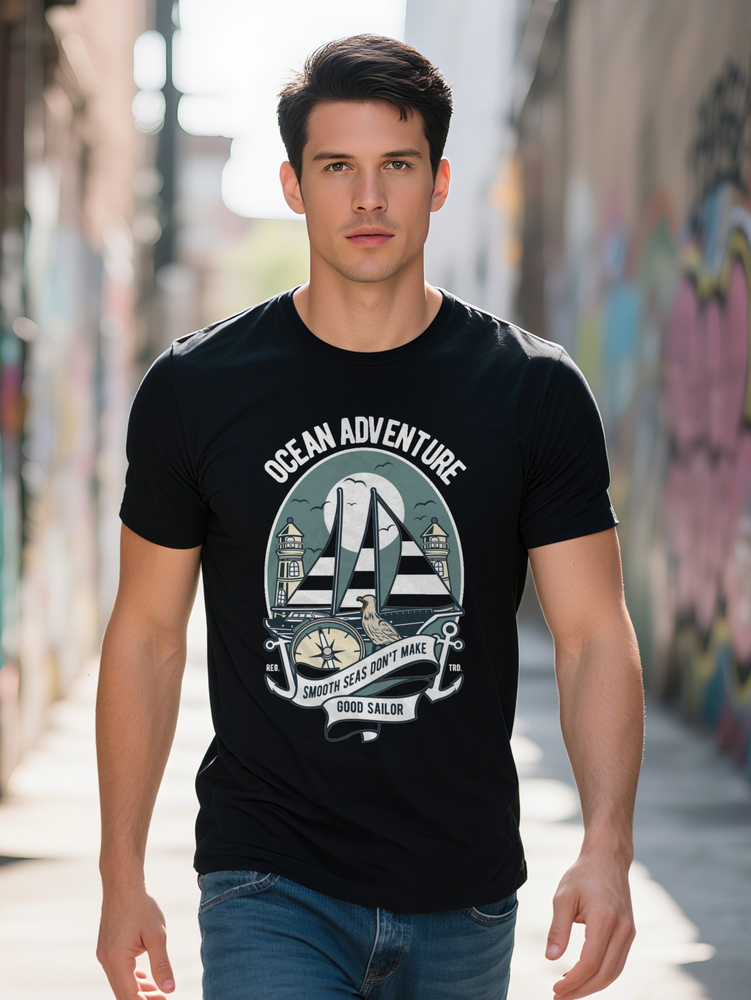 Men S Casual Crew Neck T-Shirt with Ocean Adventure Lighthouse Sailboat Print Perfect for Summer Comfort Everyday