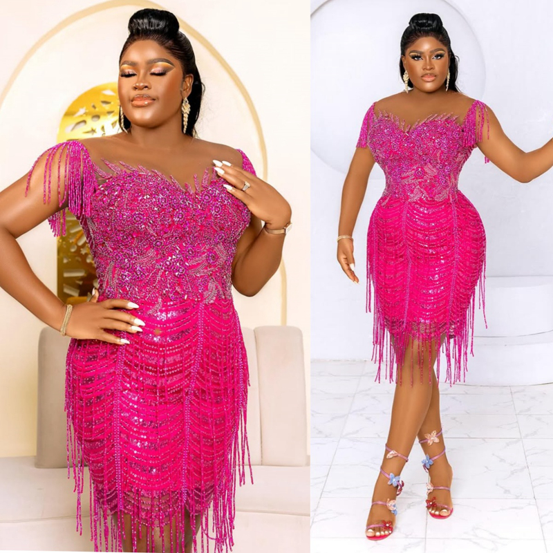 2025 Plus Size Fuchsia Cocktail Dresses For Women Short Mini Dress Flora Illusion Sheath Tassel Beaded Lace Homecoming Dresses Mini Gown For Nigeria B